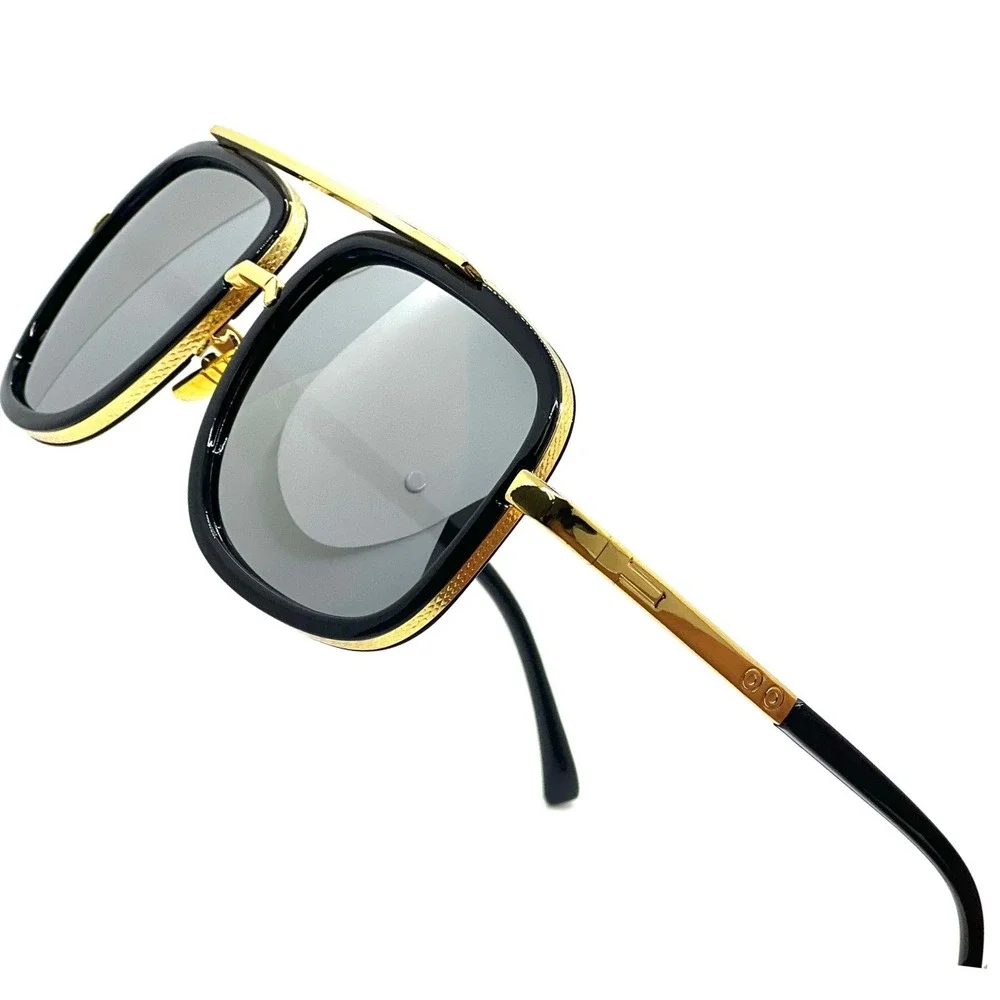 Trendy Men‎ Sunglasses Gold Black Frame Mirror Lens Retro Square Oversized Male